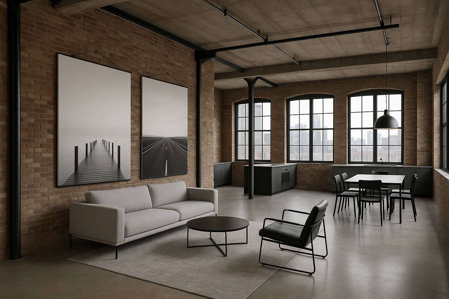 DOWNTOWN APRTMENT, OPEN SPACE , INDUSTRIAL CHIC, 2 LARGE BLACK AND WHITE CANVAS PRINTS HANGED WITH HTHIN BLACK HANGERS, WIDE SHOT FOR HERO IMAGE