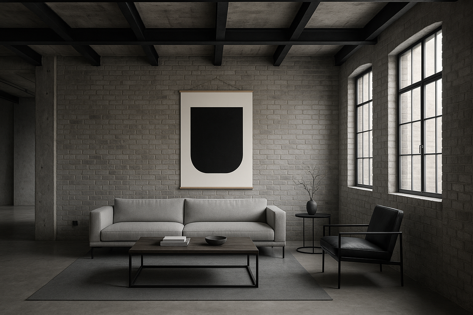 a wide shot, industrial living room, minimilis desigm, with a minimalist print 80x110cm hanged with thin wood hangers. the style is cool chic, moderm, 