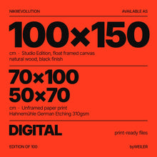 Nikiiievolution by Yagil Weiler | available as 100 × 150 cm Studio Edition, 70 × 100 and 50 × 70 cm unframed prints, and digital